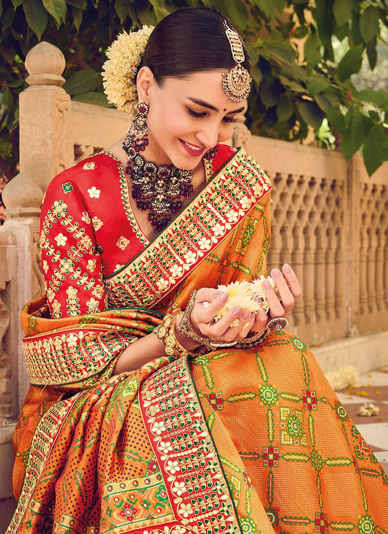 Double Blouse Orange Patola Silk Saree Cost For Sale