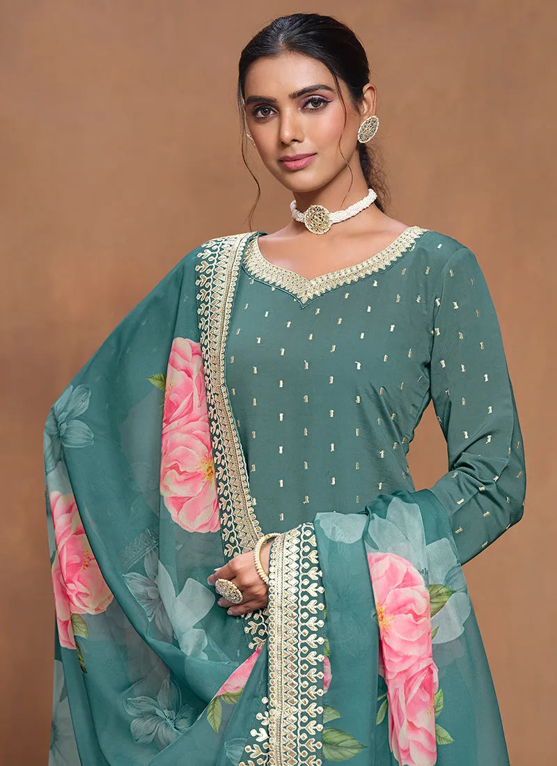 Designer Teal Blue  Embroidered Silk Sharara  Suit Shop Sale Online