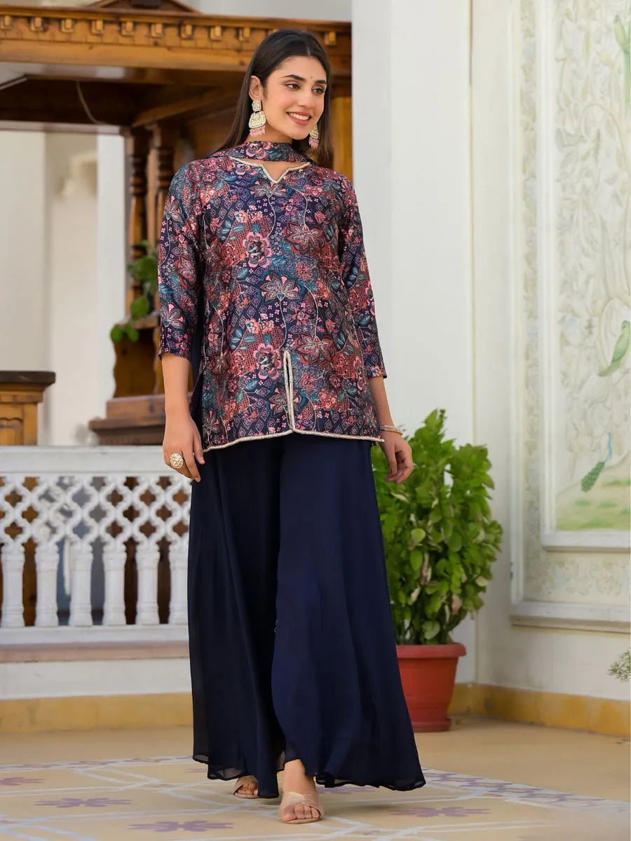 Navy Blue FLoral Printed Handworked Designer Top Palazzo Suit Looking For For Sale