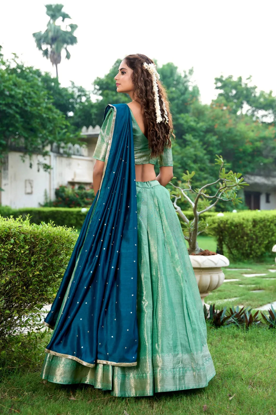 Stunning  Kanchipuram Zari Weaved Pista Lehenga Choli Set Free Shipping Original