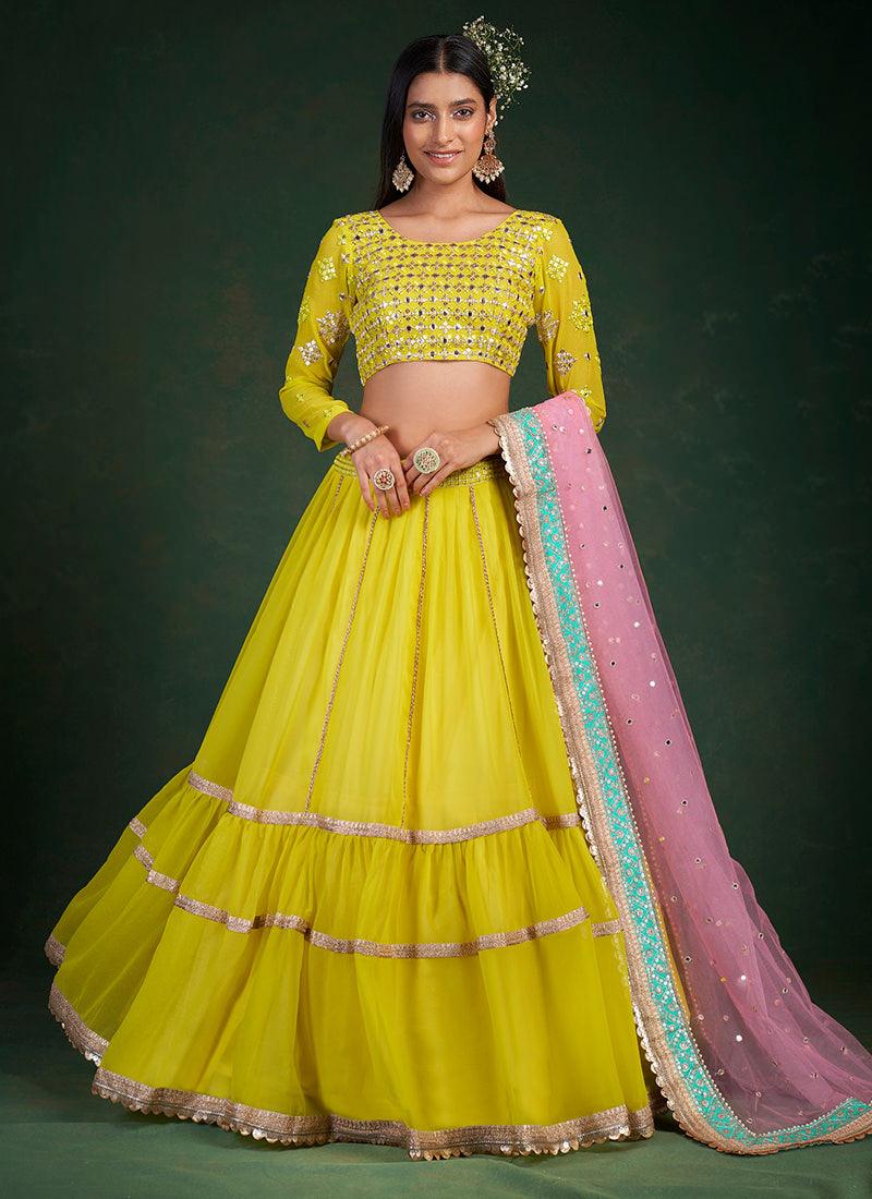 Full Sleeves Lime Yellow Ruffle Lehenga Sale Amazon