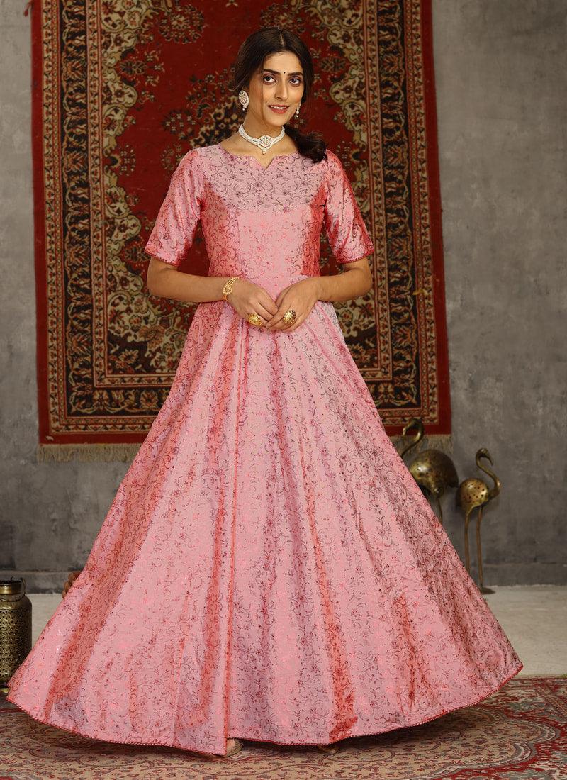 Half Sleeves Taffeta Silk Base Pink Color Designer Printed Gown Recommend