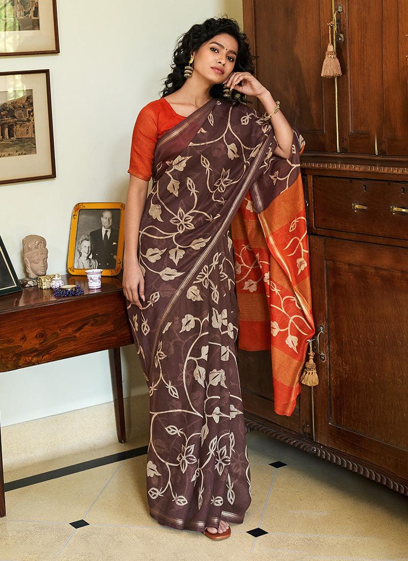 Floral Digital Print Round Neck Brown Saree Online Online Clearance