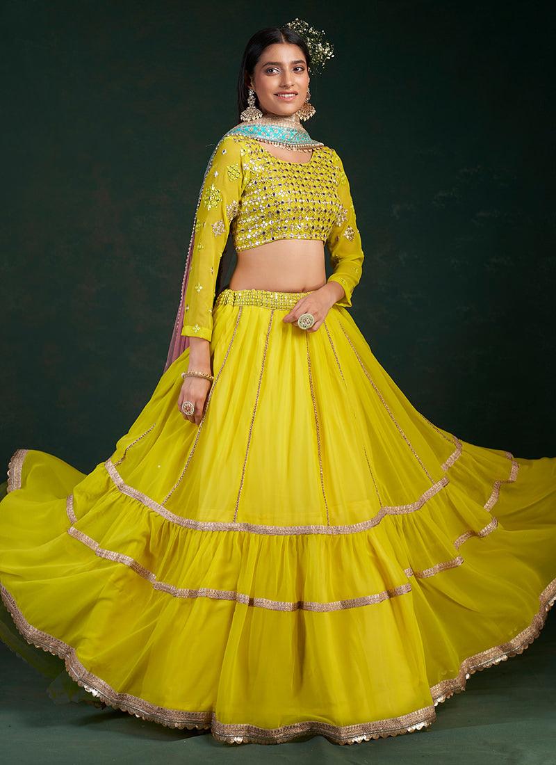 Full Sleeves Lime Yellow Ruffle Lehenga Sale Amazon