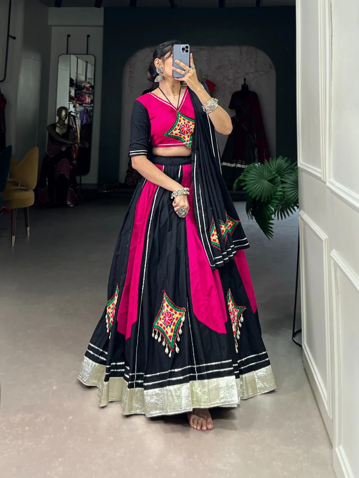 Pink Black Pure Cotton Gamthi Gota Patti Worked Navratri Lehenga Choli 2025 New