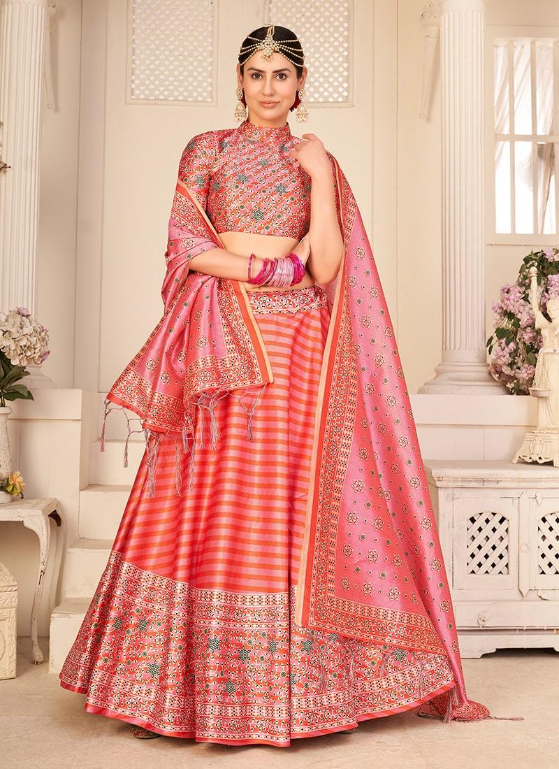 Digital Printed Sleeveless Blouse High Neckline Red Lehenga Choli Sale Lowest Pice