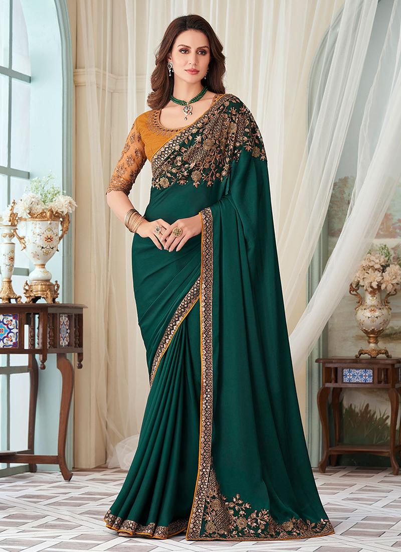 Dark Green Silk Fabric Embroidered Saree Cheap Best