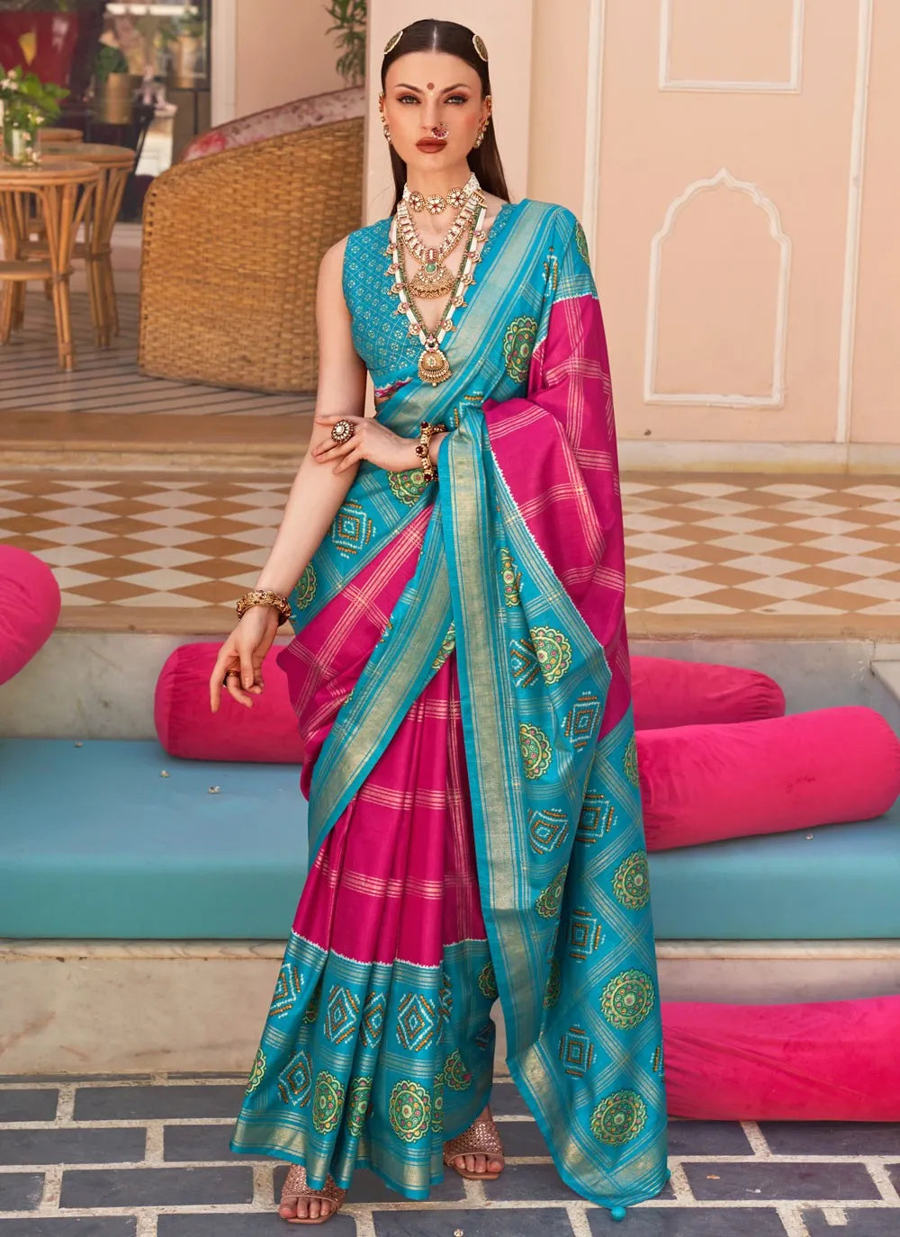 Classic Firozi and Pink Polyester Viscose Silk Saree with Foil Print Inexpensive