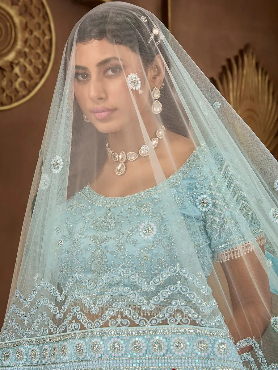 Heartwarming Sky Blue Premium Net Bridal Lehenga Choli Geniue Stockist For Sale