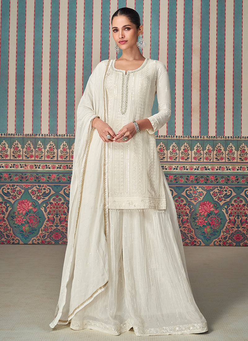 Exquisite Pearl White Embroidered Chinon Sharara Suit Sale 2025 Newest