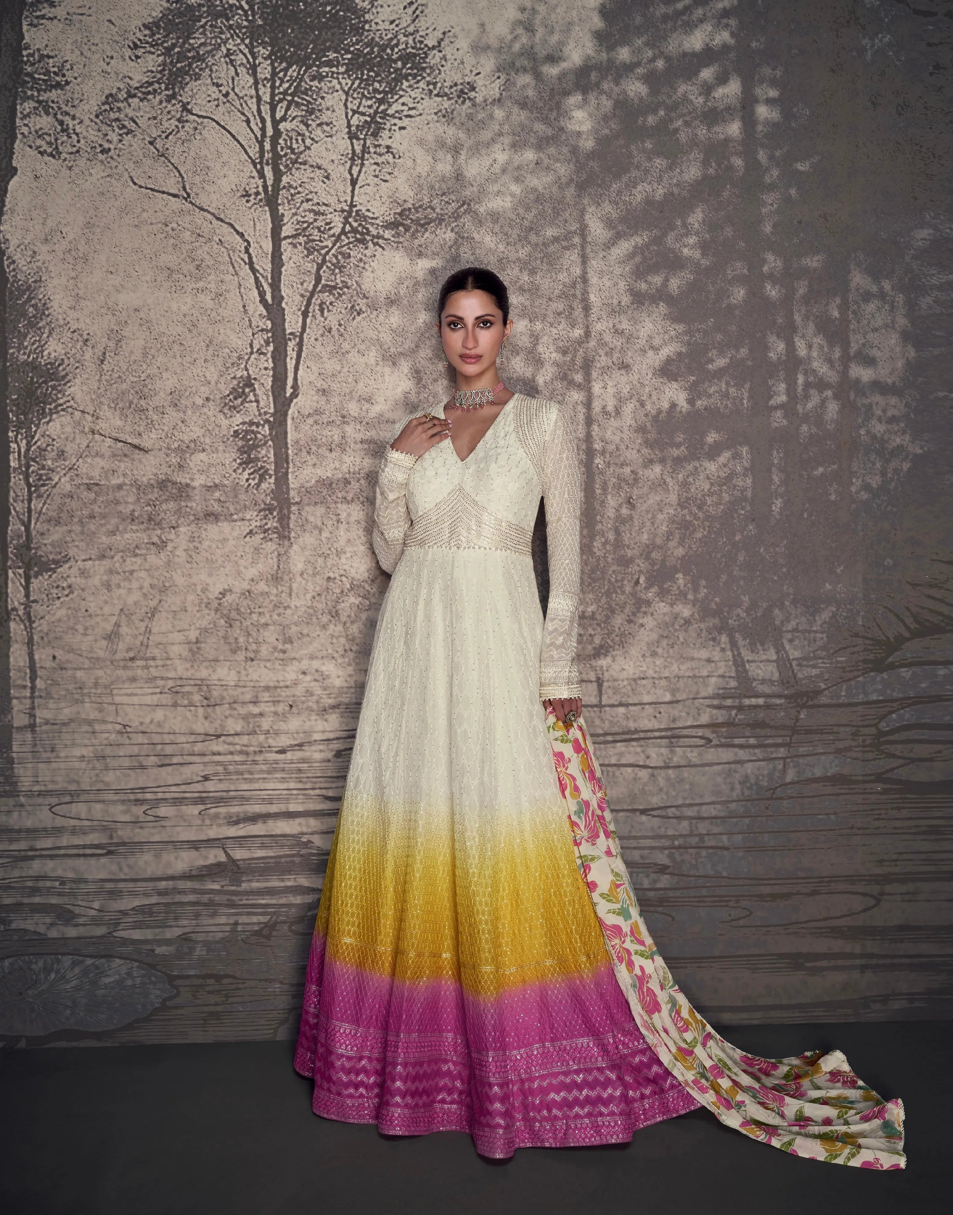 Stunning Multi Colored Ombre Embroidered Anarkali Gown Clearance Cheap Online