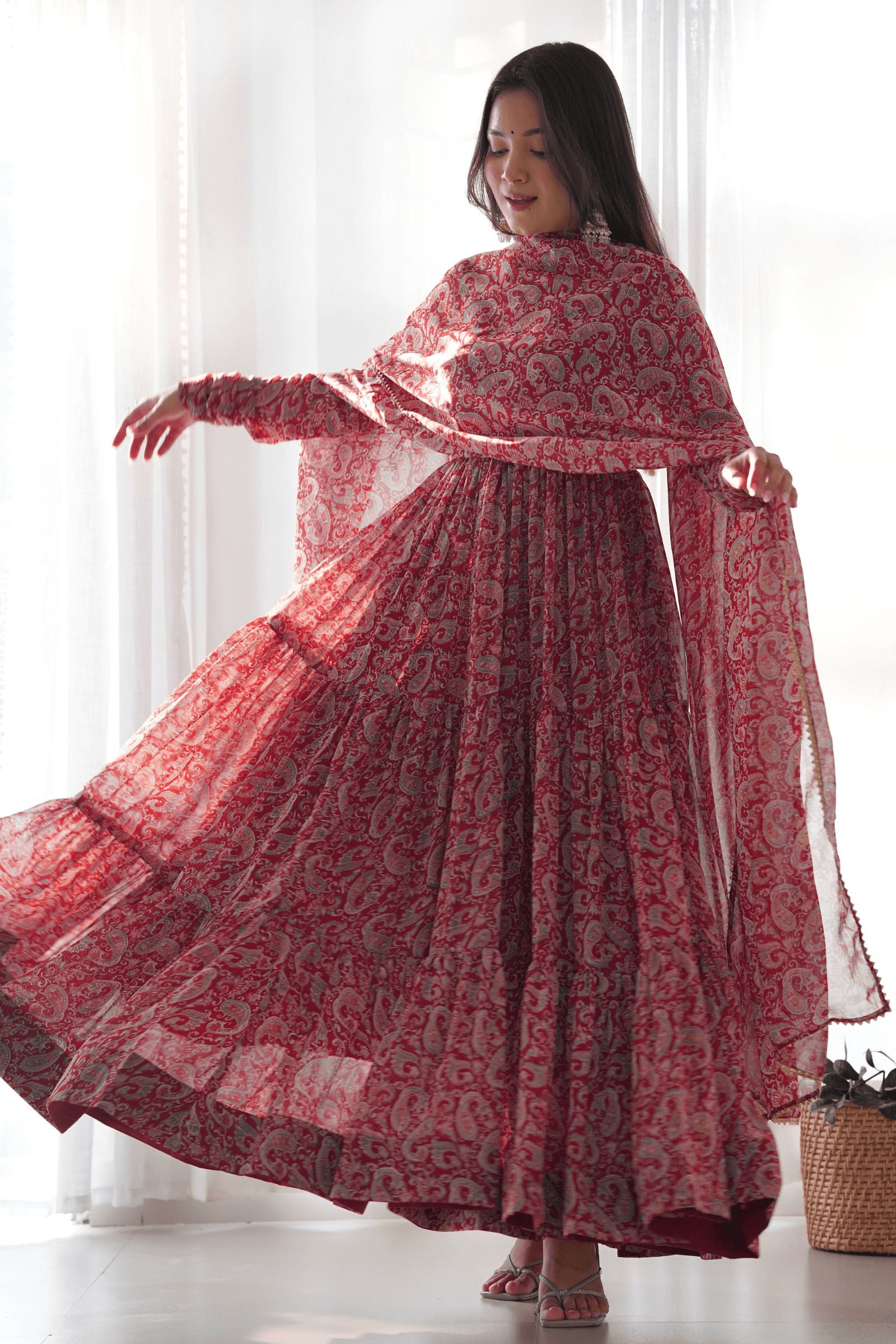 Red color georgette ready-to-wear Ruffle gown with dupatta Countdown Package