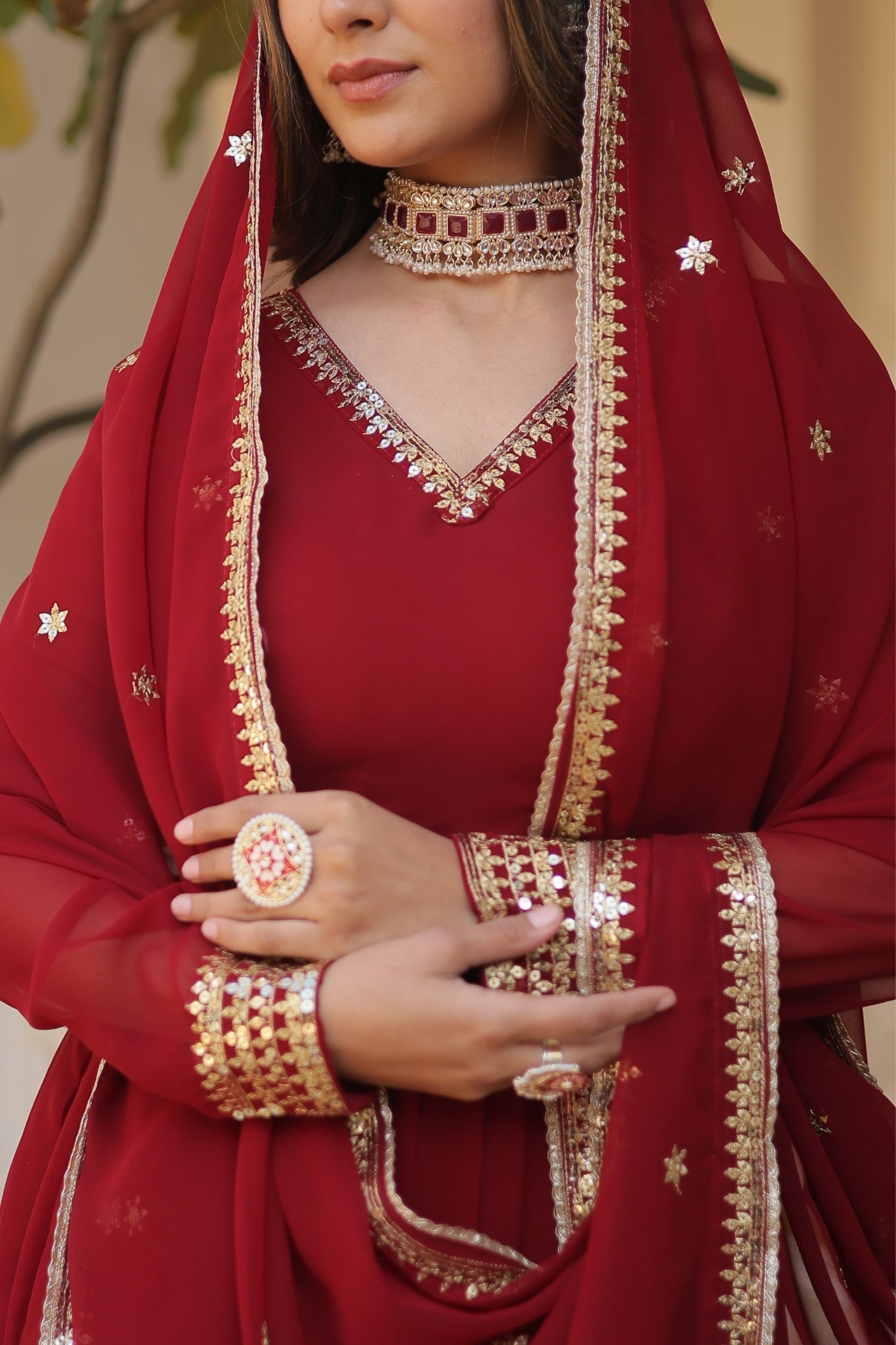 Maroon Georgette Embroidered Gown with dupatta Nicekicks