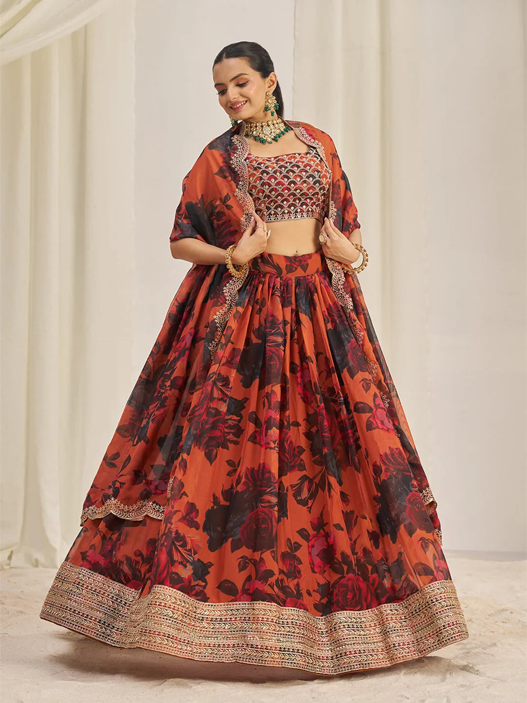 Orange Organza Zari Dori Sequins Floral Lehenga Choli Set Discount 2025 Unisex