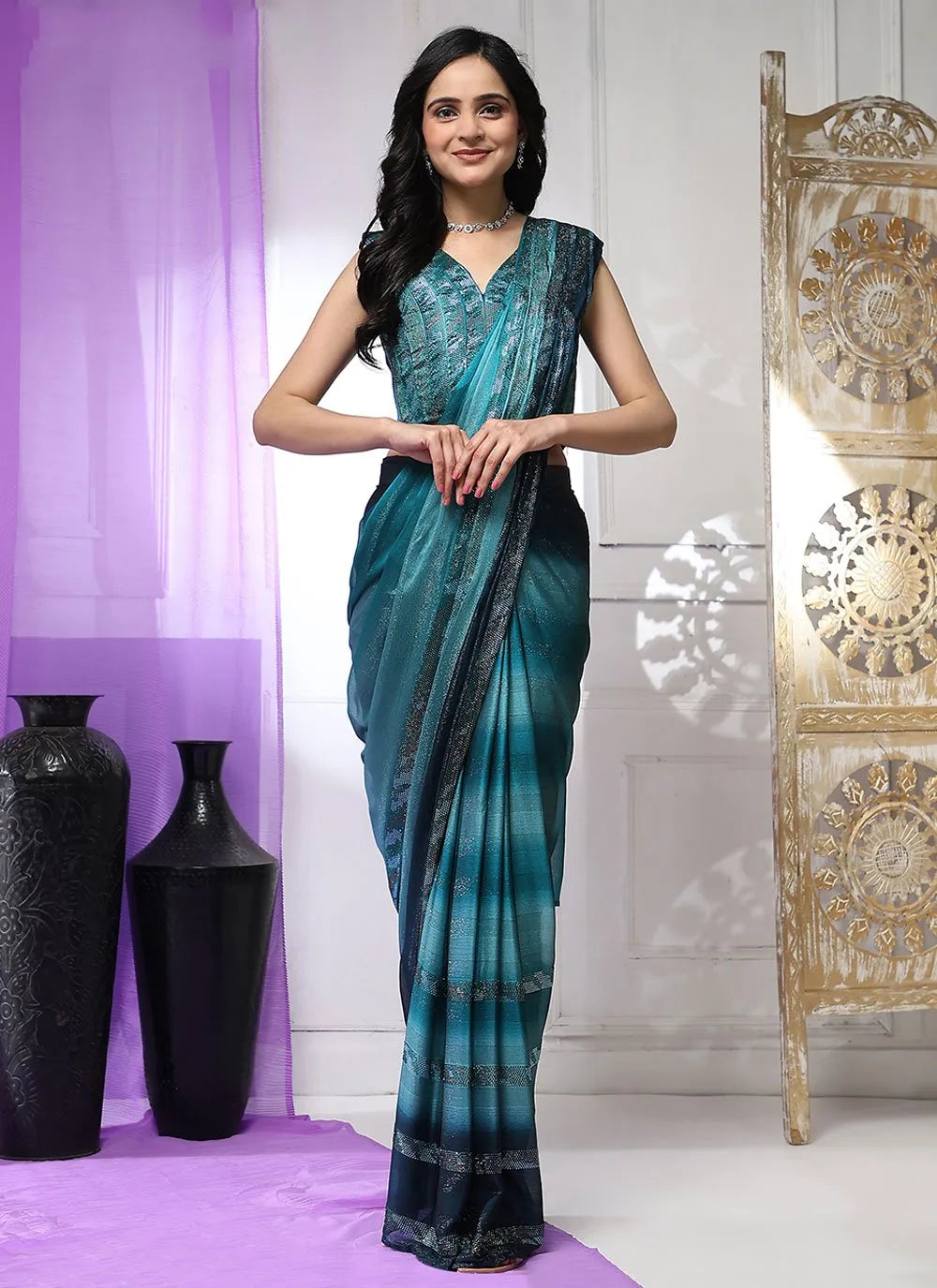 Smalt Blue Pure Satin Silk Stone Lace Border Worked Ready To Wear Saree Best Wholesale Online