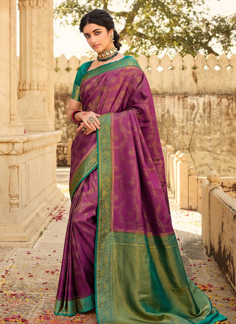 Purple Color Brilliant Satin Soft Kanjiveram Silk Weave Saree Discount 2025 Newest