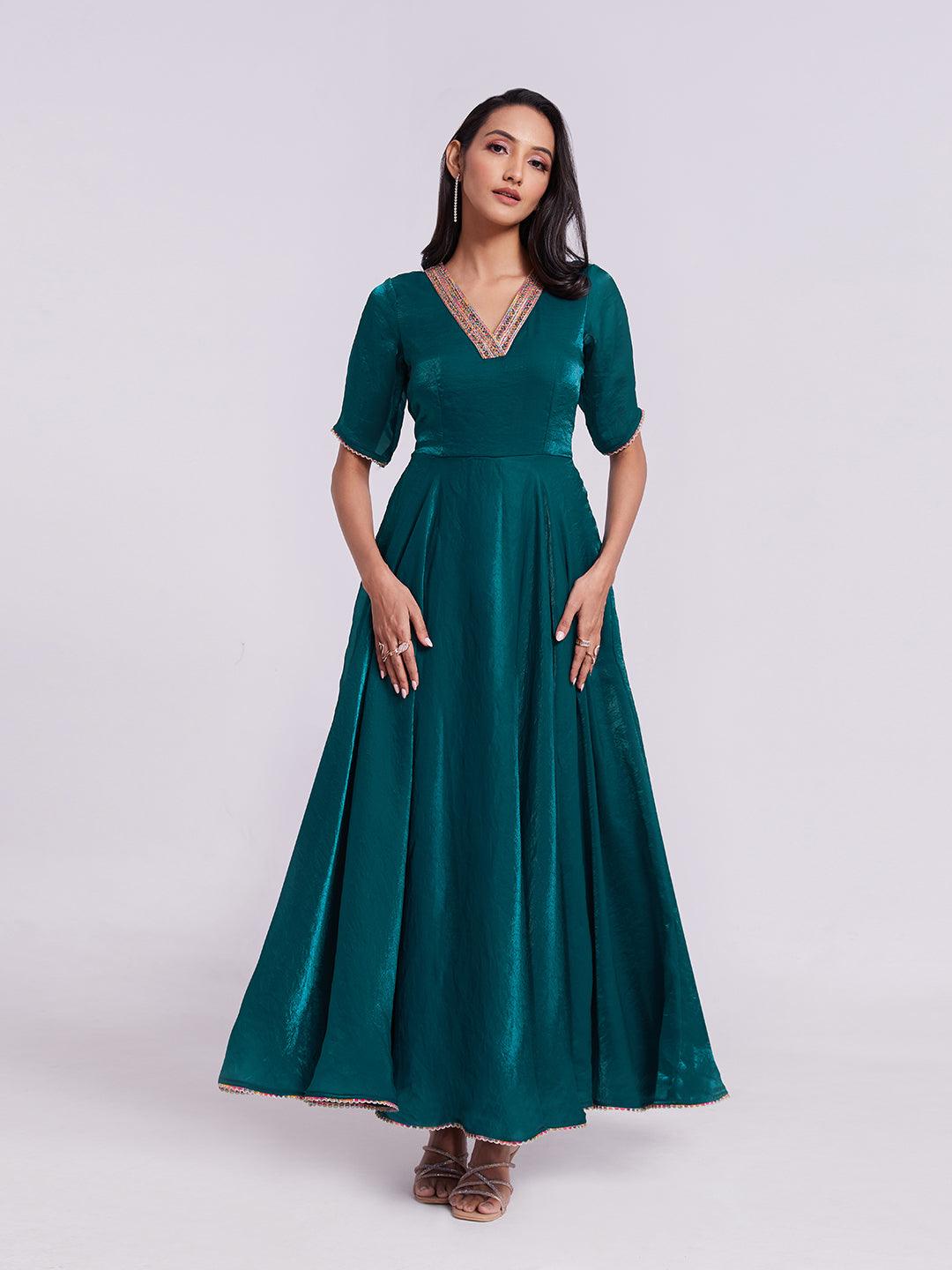 Teal organza Ready-to-wear A-line V-neck Gown Cheap Sale Release Dates