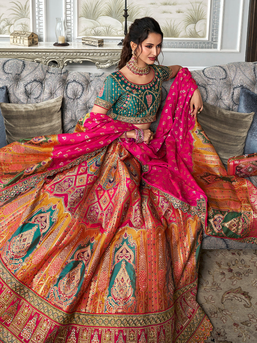 Designer Pink-Green Banarasi Silk Bridal Lehenga Choli Set Cheap Sale Big Sale