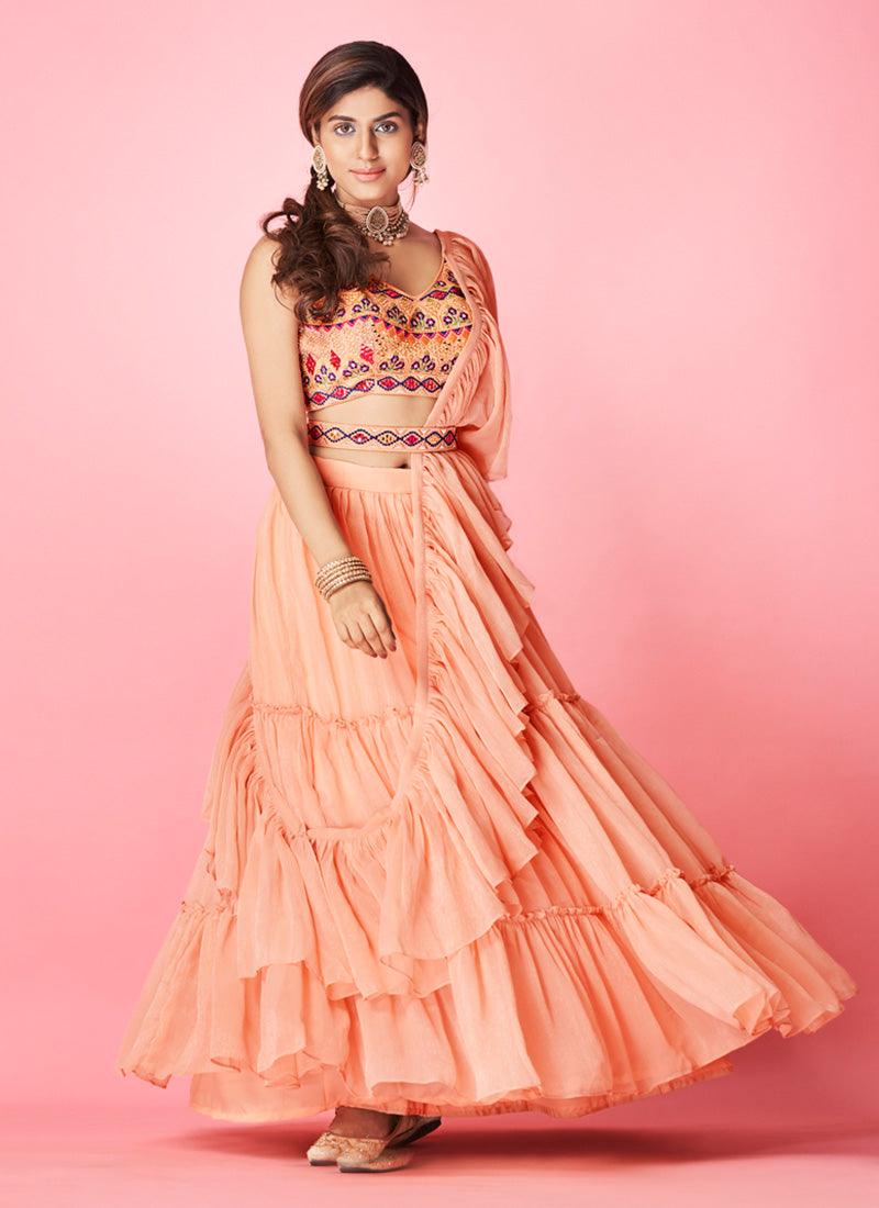 Peach Color Sleeveless Blouse With Chiffon Base Ruffle Lehenga Store Online