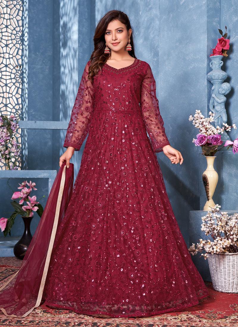 Red Color Soft Net Material Sequins Work Anarkali Salwar Suit Buy Cheap Fashion Style