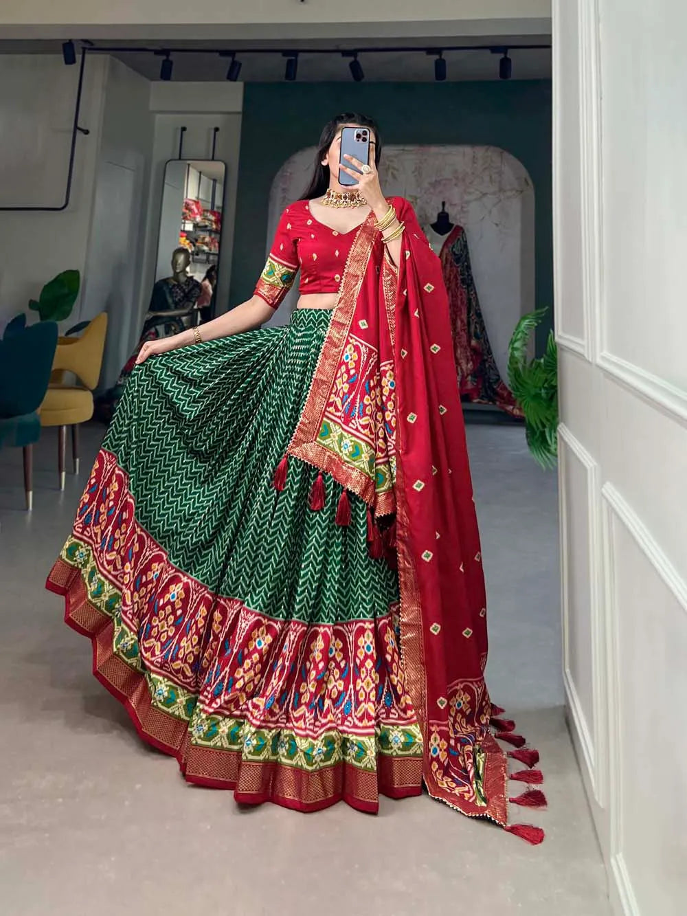 Gorgeous Green Tussar Silk Patola Printed Lehenga Choli For Sale Free Shipping