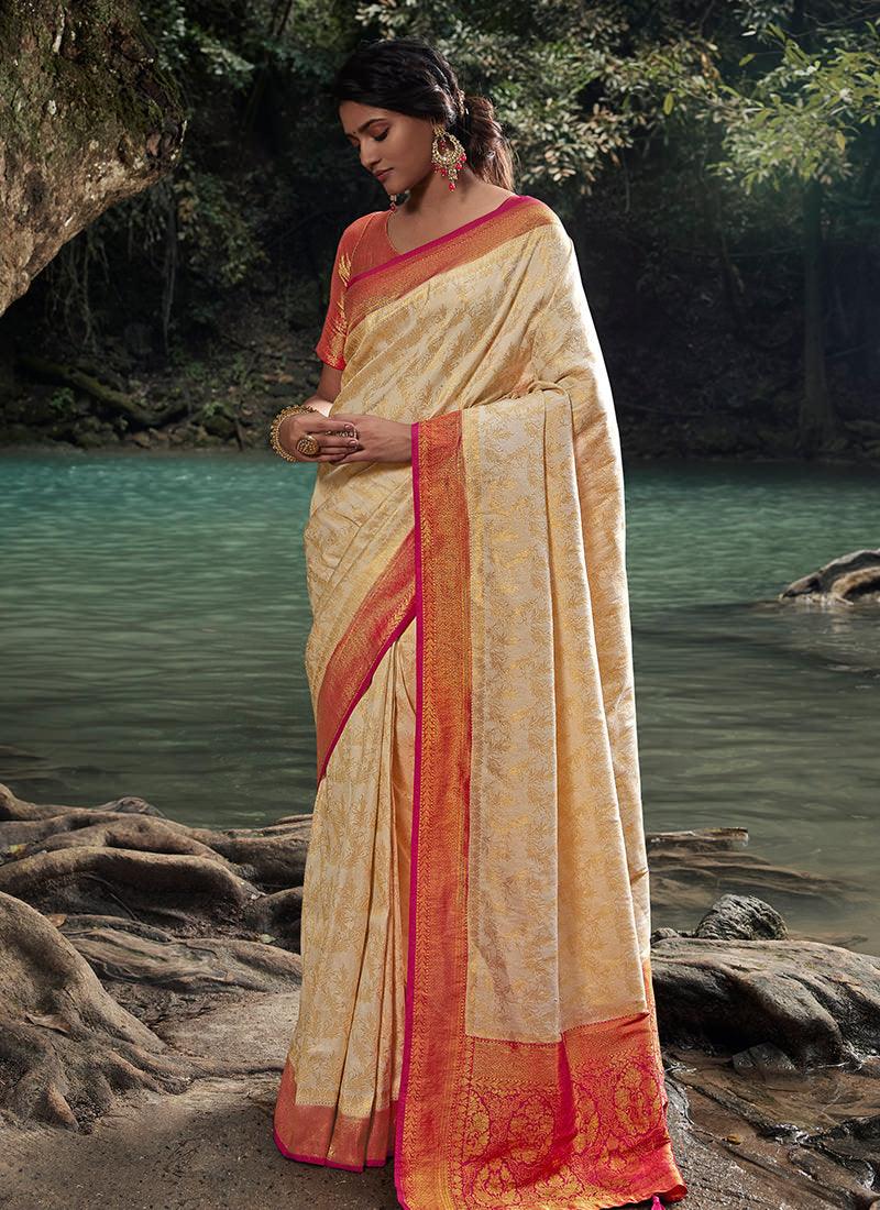 Silk Weave Cream Kanjivaram Saree Outlet Store For Sale