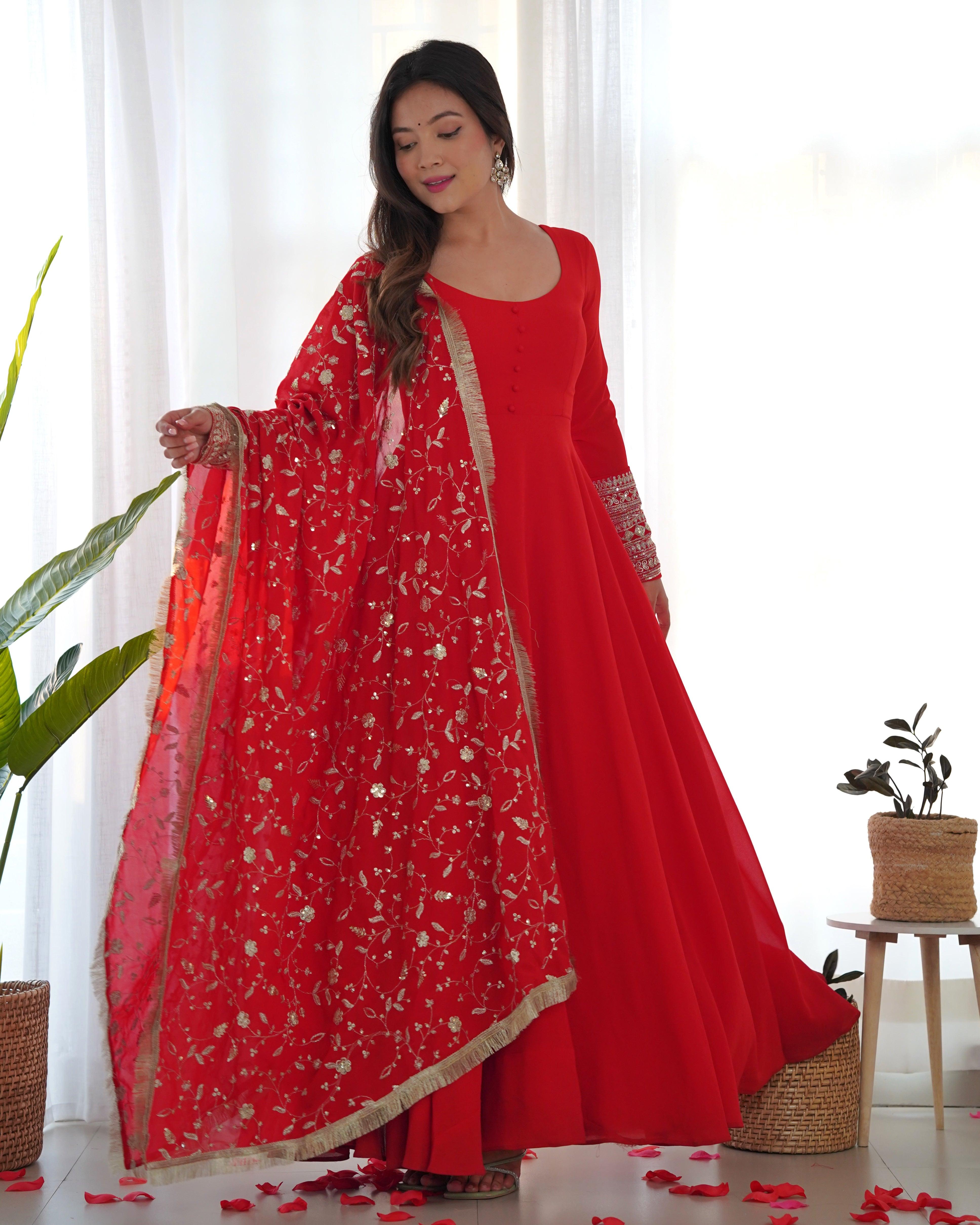 Red Faux Georgette Anarkali Pant Suit With Sequins Embroidered Dupatta Buy Cheap 2025 Unisex