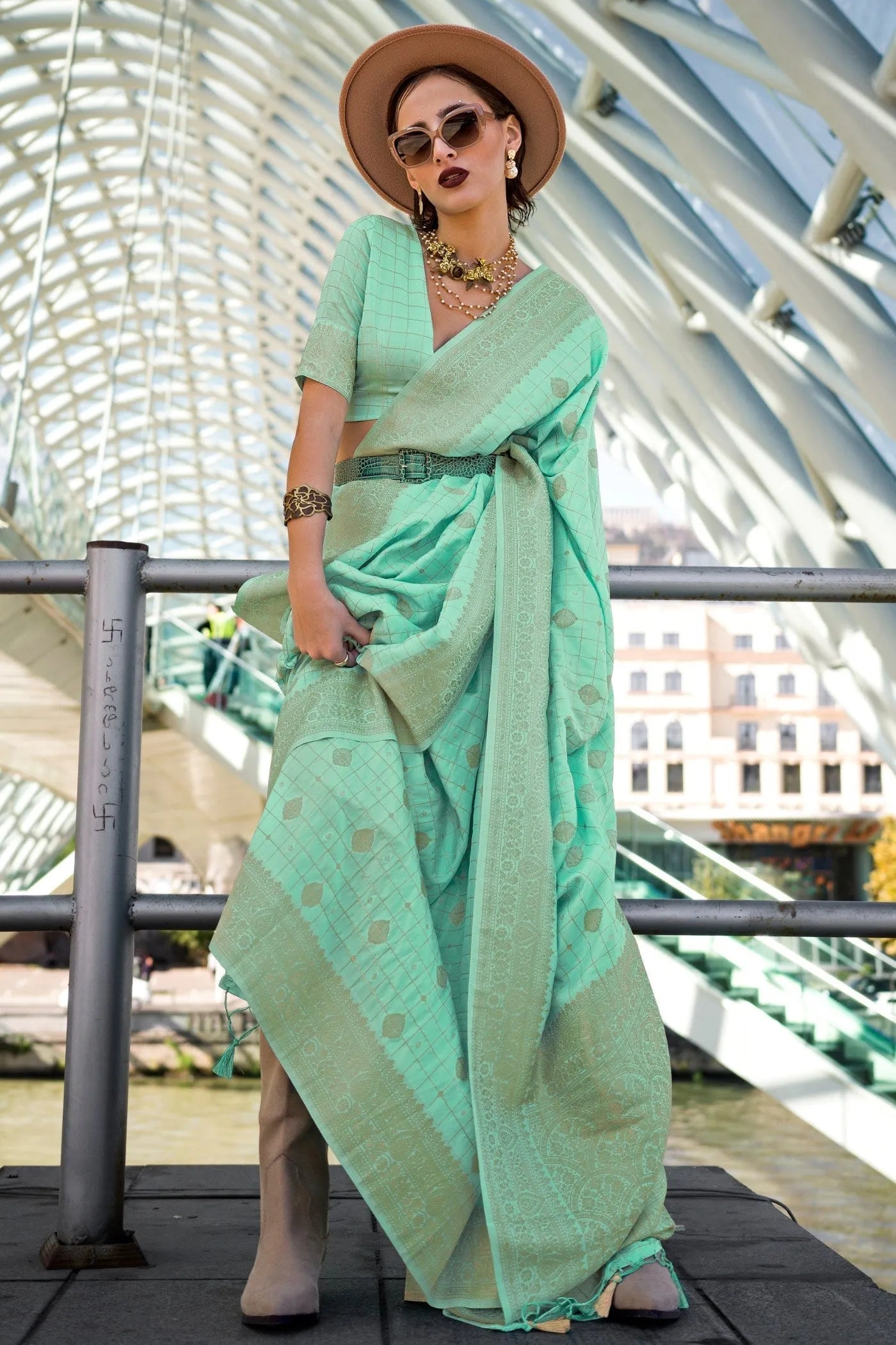 Envy Green Katan Silk Weaving Worked Designer Classic Saree Free Shipping View