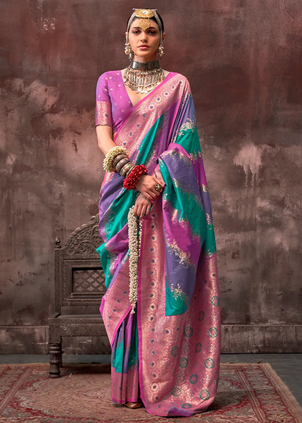 Glorious Purple-Green Rangkaat Handloom Silk Saree Cheap Sale Pick A Best