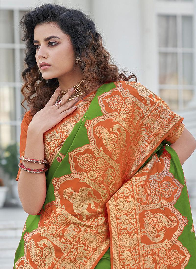 Light Green Color Banarasi Silk Material Silk Weave Work Saree Best Wholesale For Sale