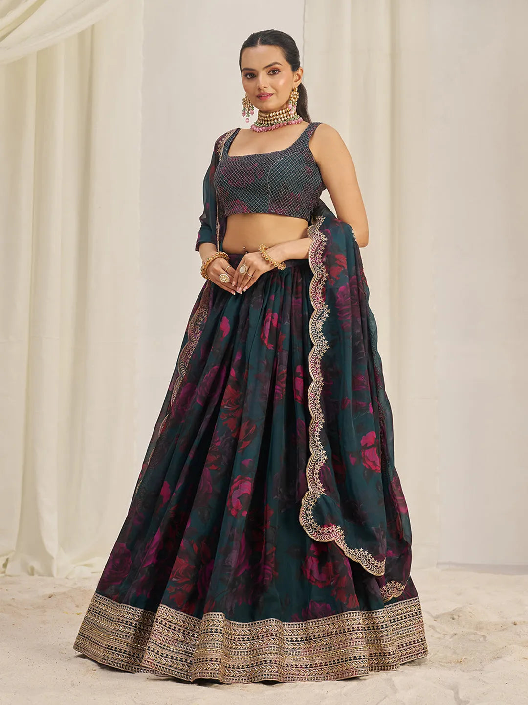 Teal Organza Zari Dori Sequins Floral Lehenga Choli Set Visa Payment