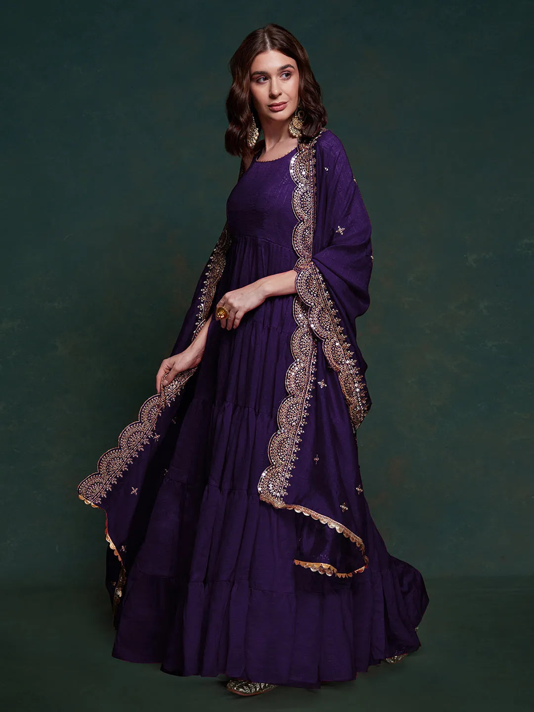 Purple Ruffle Sleeveless Gown With Heavy Dupatta 2025 Unisex Online