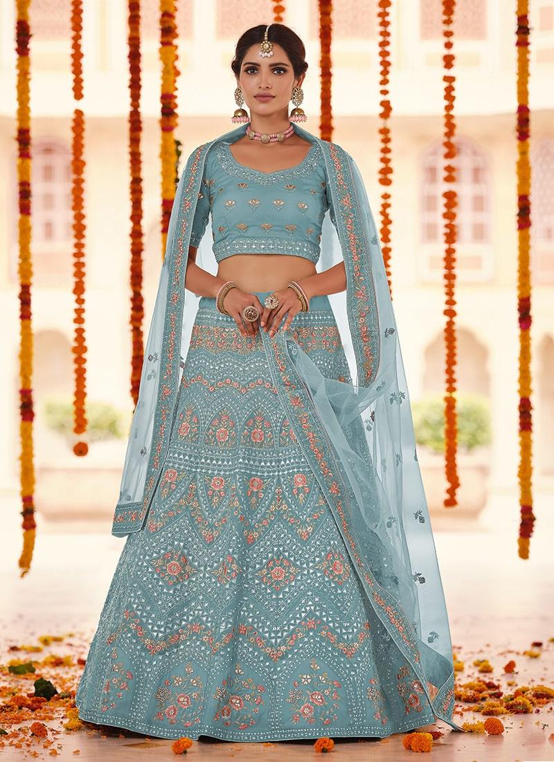 Turquoise Color Organza Fabric Resham And Gota Work Lehenga Discounts Cheap Pice