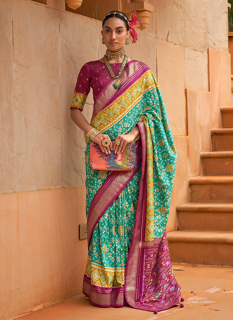 Smooth Silk Patola Print Sea Green Traditional Saree Cheap Sale Finishline