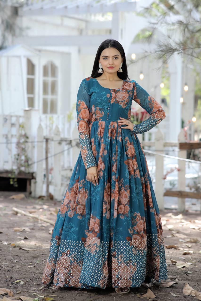 Beautiful Floral Zari Sequins Worked Gown With Dupatta Outlet Shop