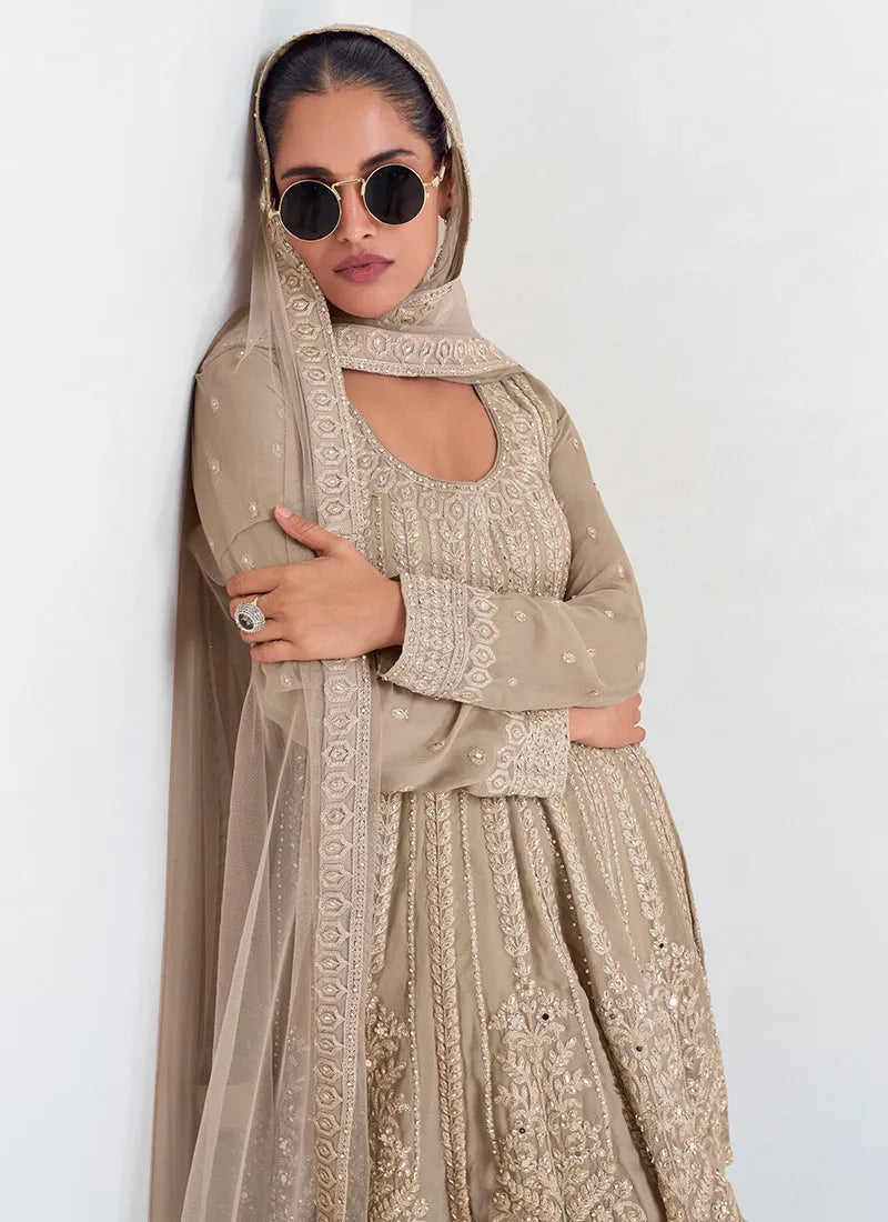 Passionate Beige Colored Embroidered Designer Sharara  Suit Discount Tumblr