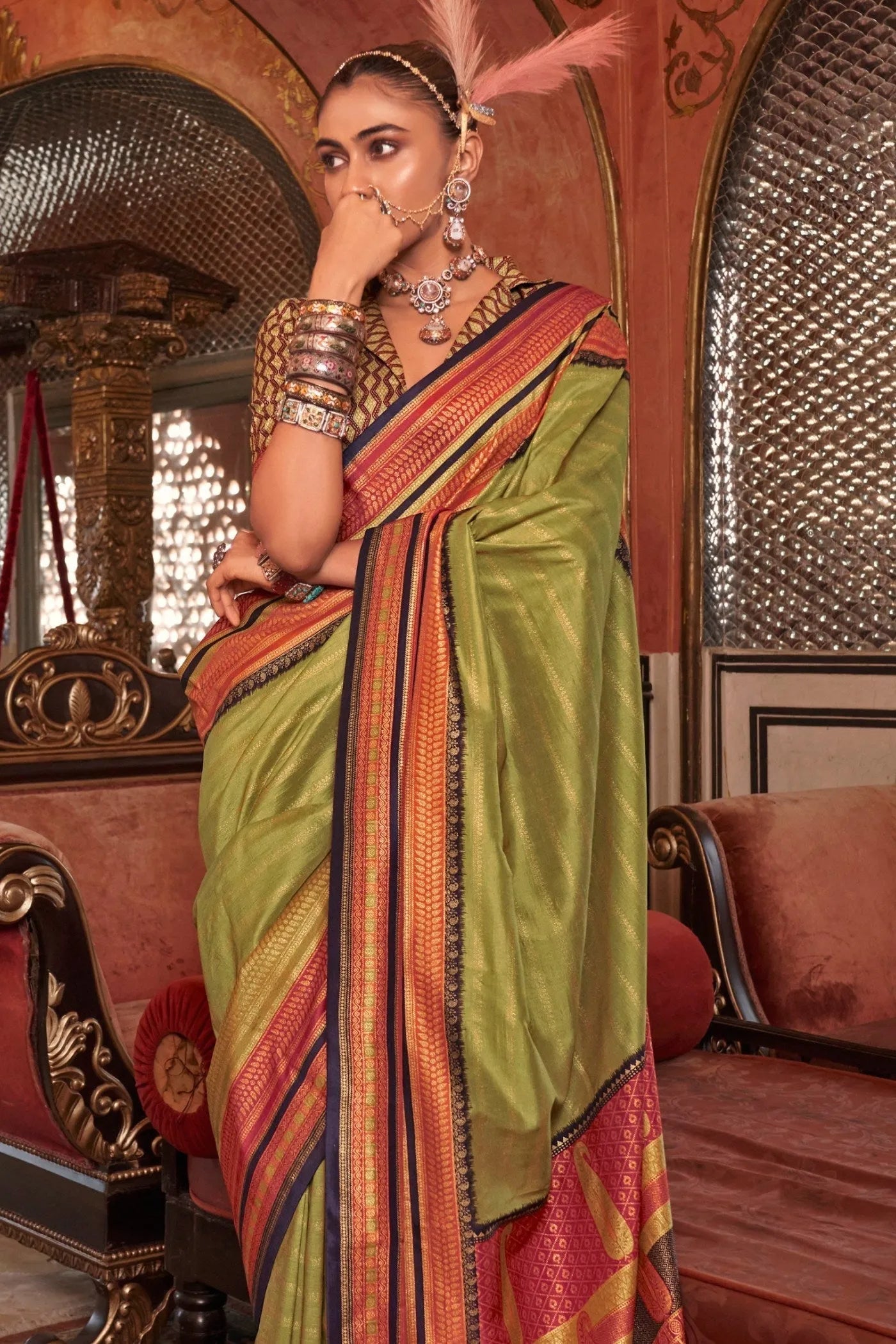 Pristine Parrot Green Kanjivaram and Patola Printed Silk Saree Free Shipping Low Pice