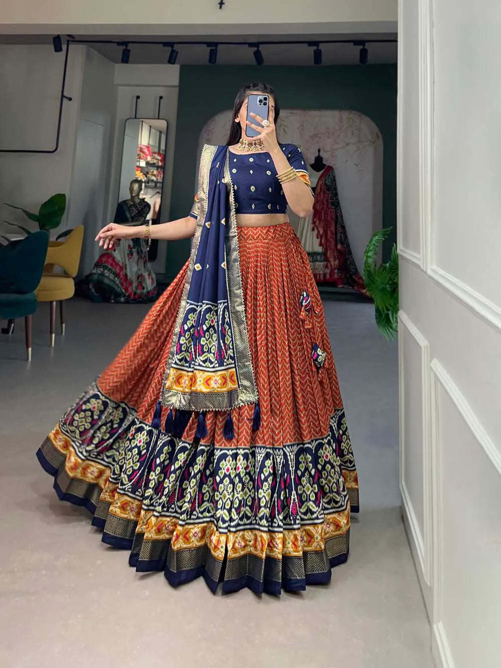 Incredible Orange Tussar Silk Patola Printed Lehenga Choli Free Shipping Original