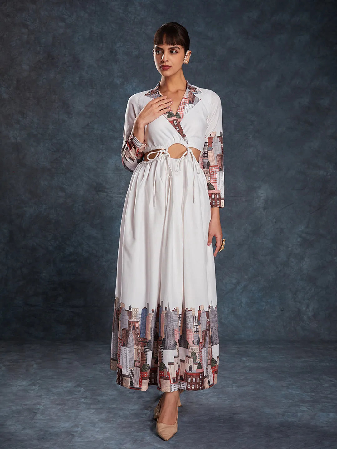 Designer White Maxi Printed Dress Cheap Free Shipping