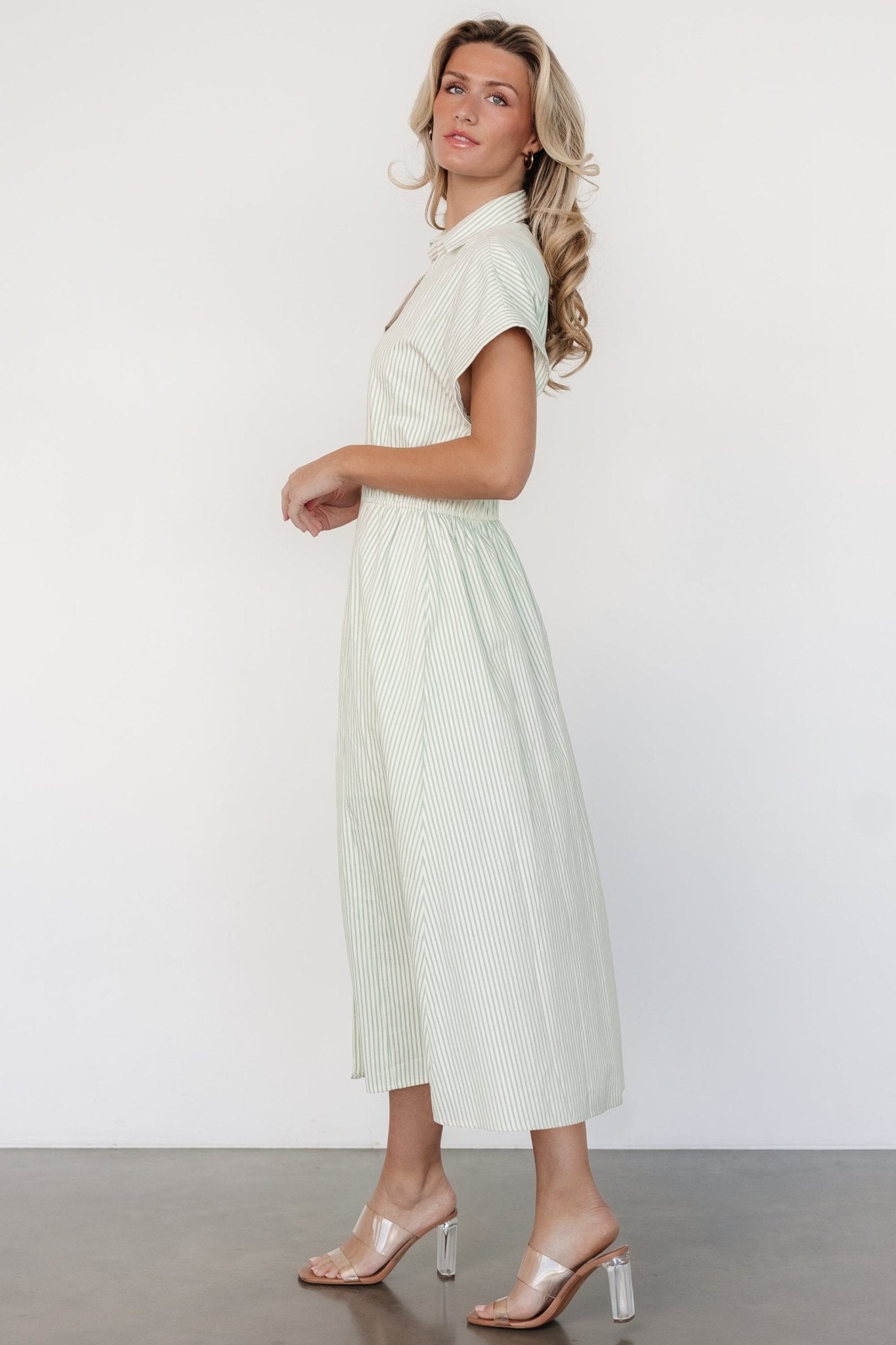 Larah Button Dress | Sage Stripe Sale Affordable