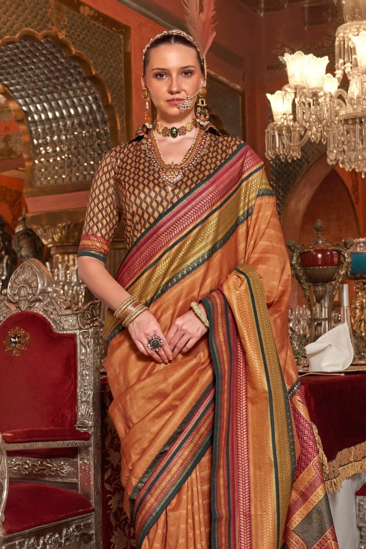 Dignified Dusty Brown Kanjivaram and Patola Printed Silk Saree Cheap Pice From China