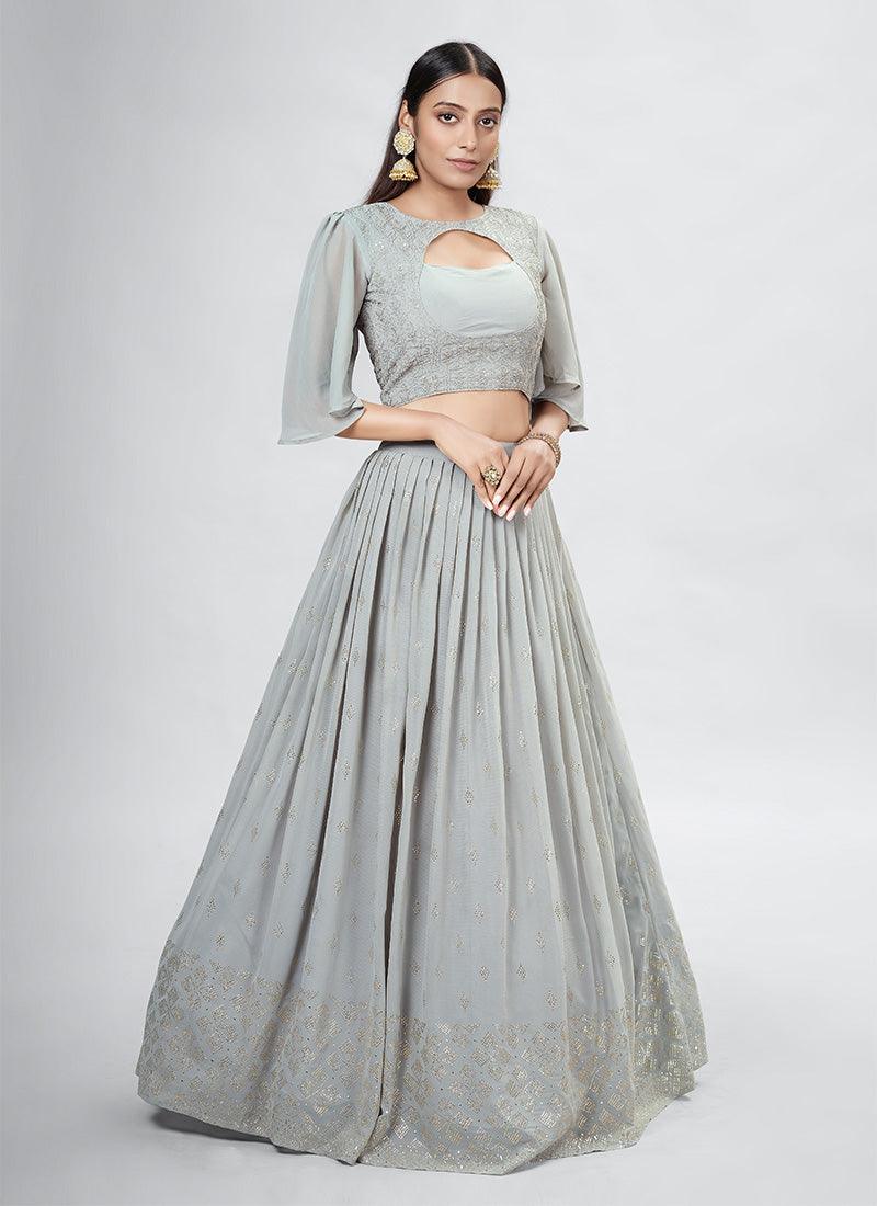 Grey Crop Top Lehenga With Ruffle Dupatta Clearance Reliable