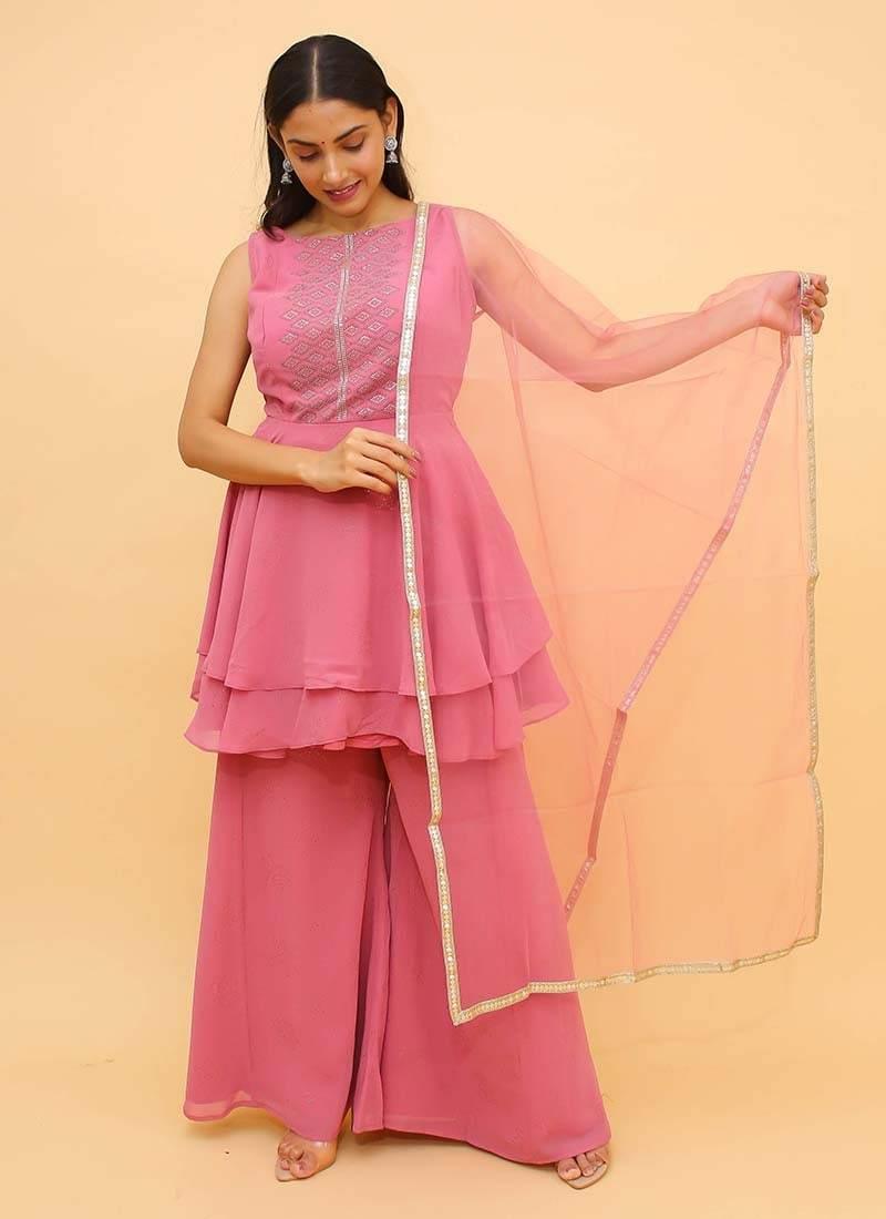 Stone Work Georgette Fabric Pink Color Partywear Palazzo Salwar Kameez Cheap Sale Eastbay