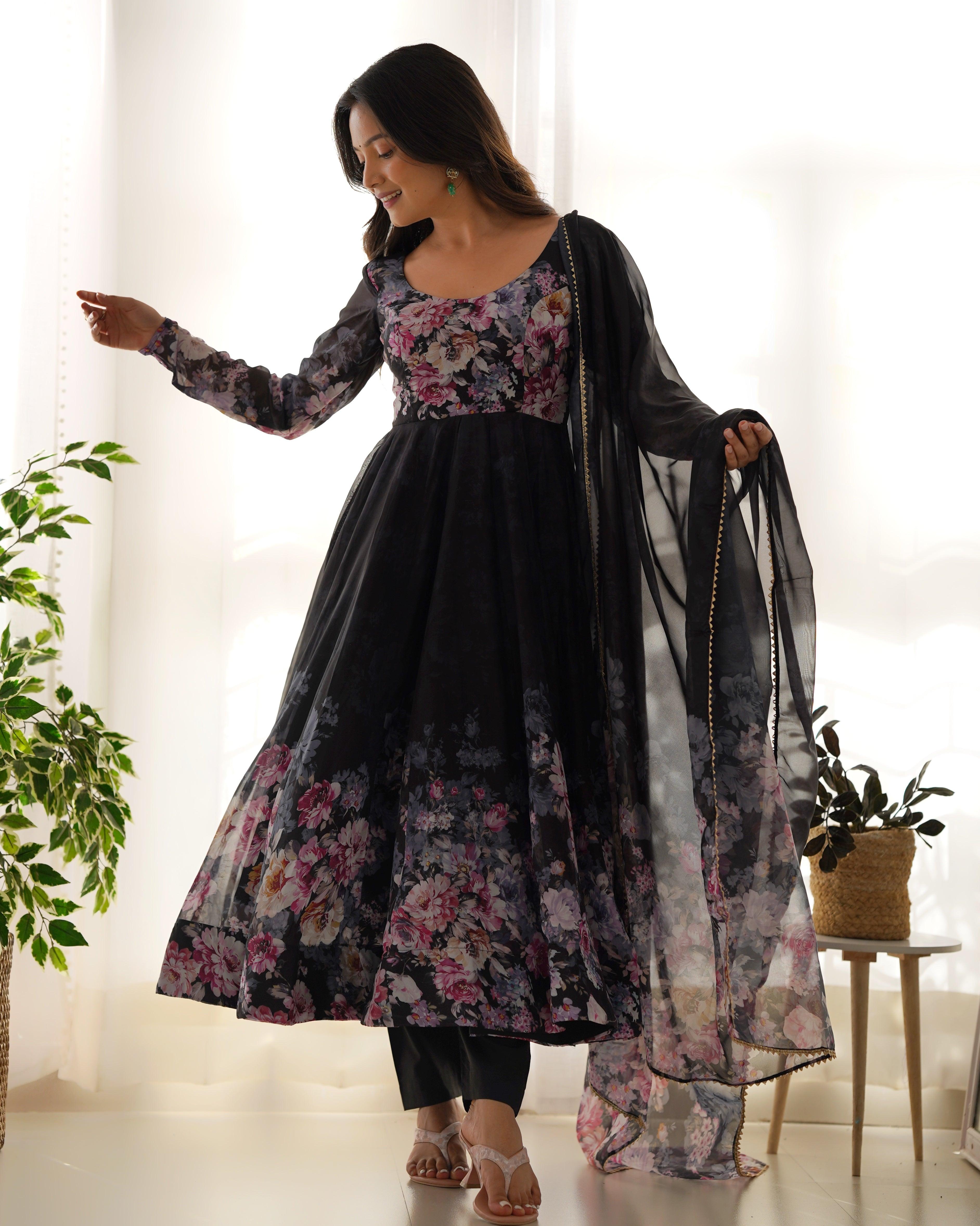 Black Organza Printed Anarkali Suit With Dupatta Sale Shop Offer