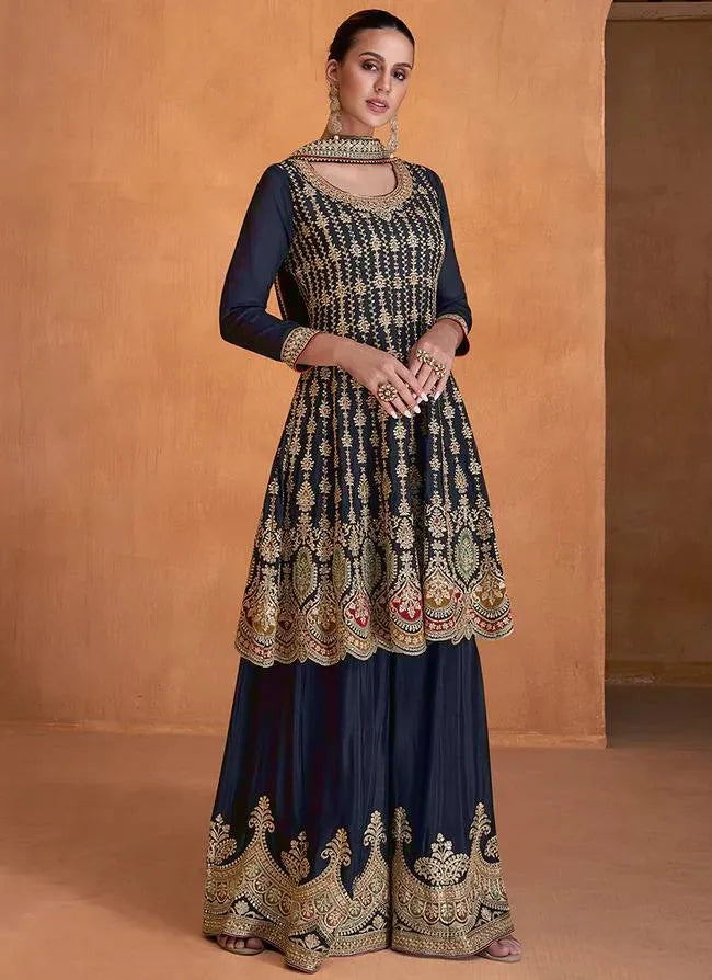 Classic Royal Blue Chinon Embroidered Palazzo Suit Free Shipping Cheap