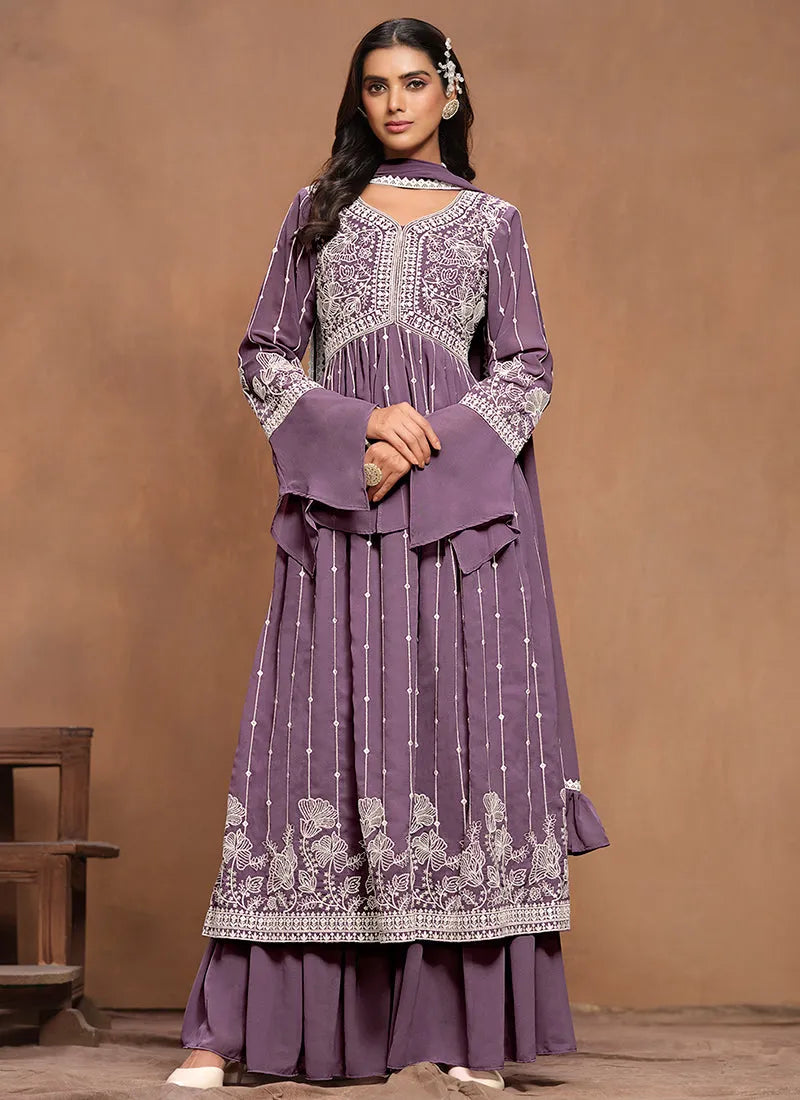 Lustrous Lavender Embroidered Kurta Palazzo Suit Low Pice For Sale