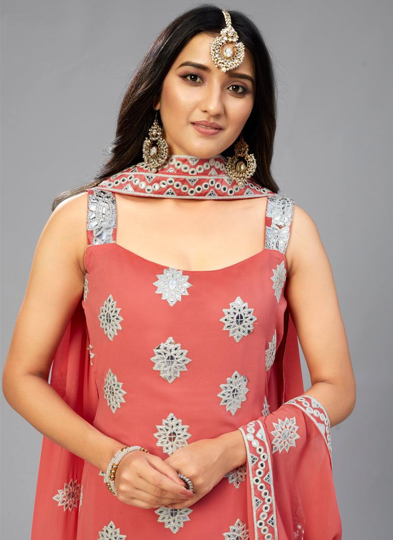 Delightful Peach Colored Georgette Festive Wear Trendy Palazzo Suit Cheap Sale Visit