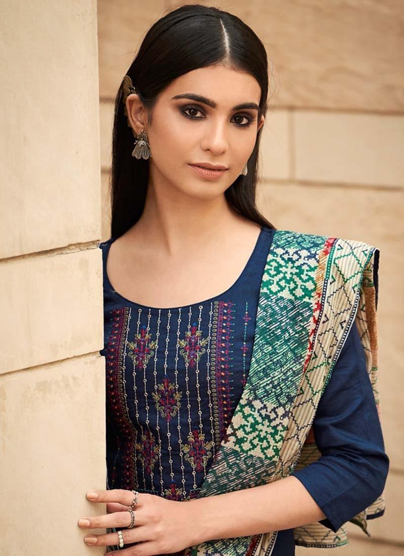 Charming Look Navy Blue Color Cotton Fabric Resham Work Palazzo Salwar Suit Sale Cheap Pices