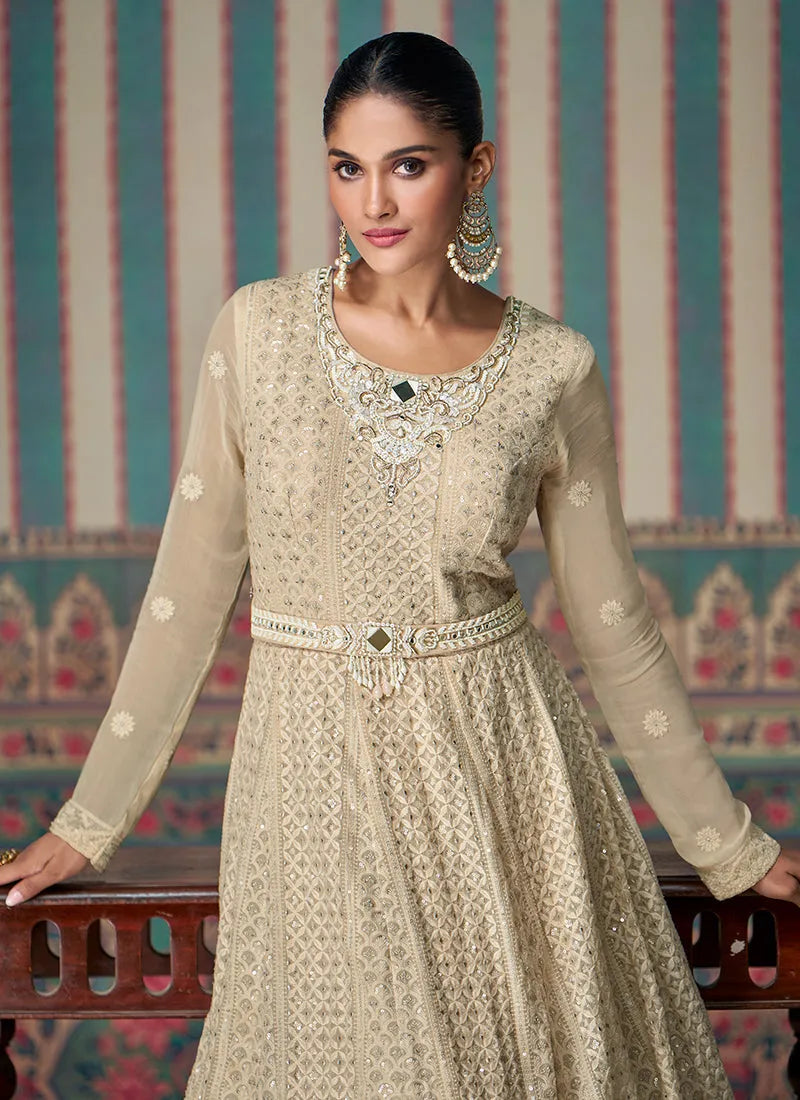 Brilliant Beige Chikankari Embroidered Anarkali Gown Sale Outlet