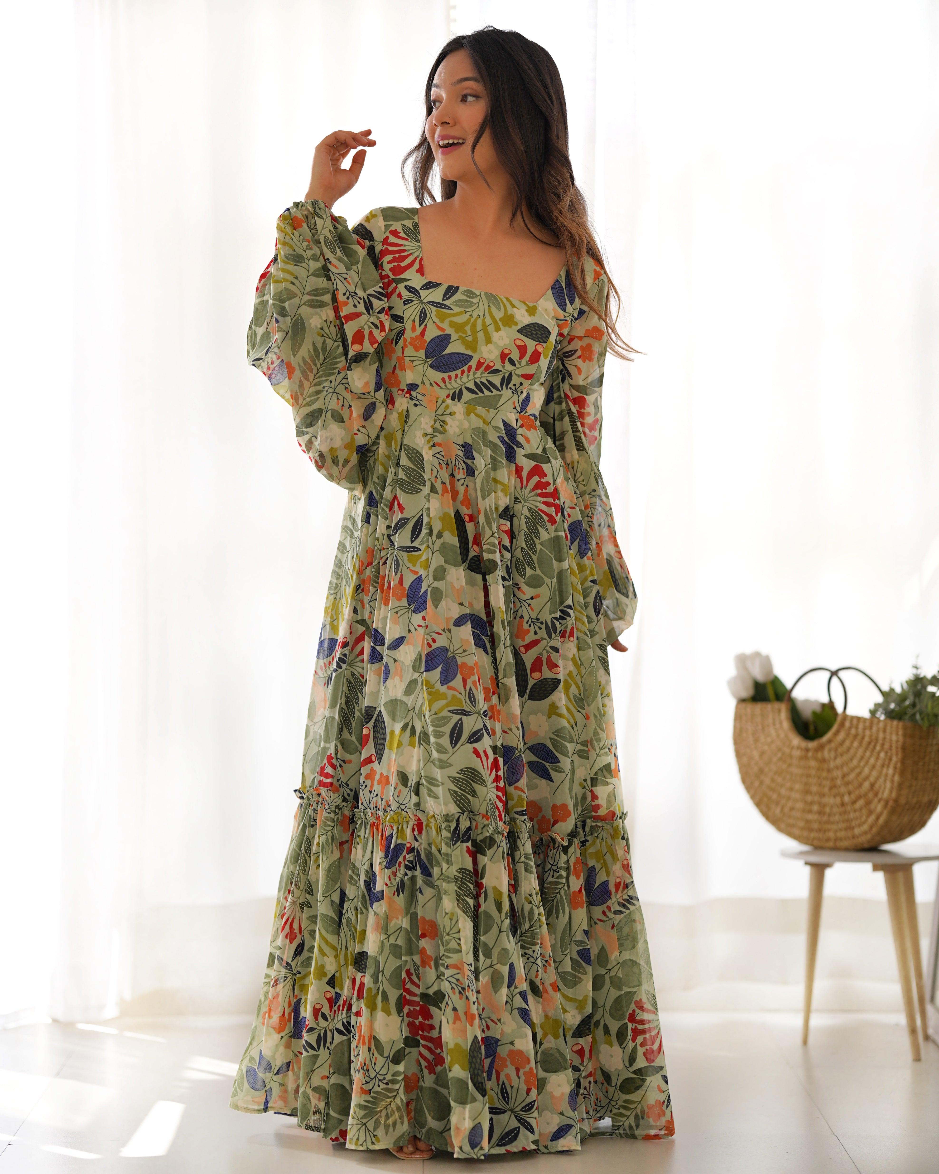 Green Pure Faux Georgette Floral Digital Printed Maxi Gown Discount Great Deals